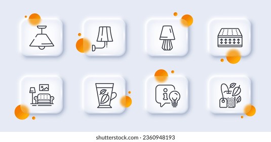 Mint leaves, Lamp and Flexible mattress line icons pack. 3d glass buttons with blurred circles. Mint bag, Furniture, Ceiling lamp web icon. For web app, printing. Vector