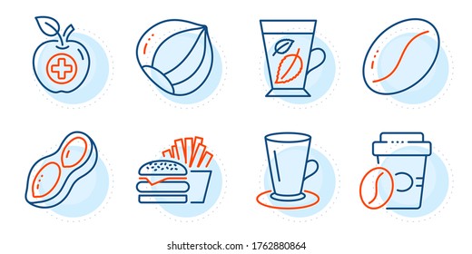 Mint leaves, Medical food and Coffee beans signs. Hazelnut, Teacup and Takeaway coffee line icons set. Burger, Peanut symbols. Vegetarian nut, Tea or latte. Food and drink set. Vector