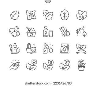 Minzblätter. Natürlicher Kräuterbestand. Lebensmittelgeschäft, Supermarkt. Menü für Café. Minze Zahnpasta. Pixel Perfect Vector Thin Line Icons. Einfaches Minimal-Piktogramm