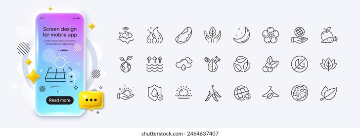 Mint leaves, Organic tested and Dirty water line icons for web app. Phone mockup gradient screen. Pack of Fair trade, Save planet, Walnut pictogram icons. Vector