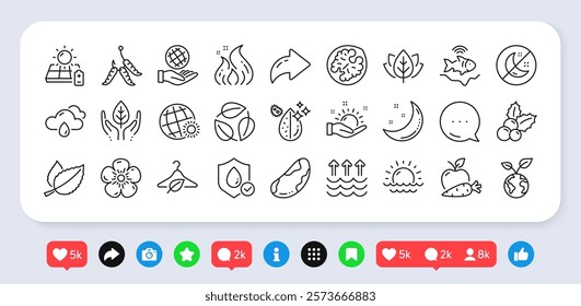 Mint leaves, Organic tested and Dirty water line icons pack. Social media: share, comment, like icons. Fair trade, Save planet, Walnut web icon. Sunny weather, Brazil nut, Insomnia pictogram. Vector