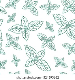 Mint leaves, peppermint isolated on white background, Hand drawn vector seamless patterns, spicy herbs, kitchen texture, Doodle cooking ingredient for design package tea, wallpaper, cosmetics, textile