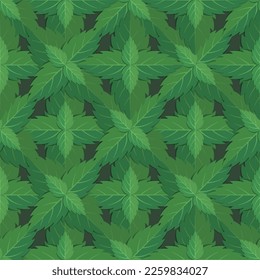Mint leaves seamless pattern. Stylized green leaves on dark background.