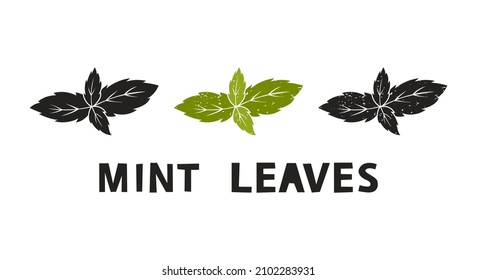 Mint leaves, silhouette icons set with lettering. Imitation of stamp, print with scuffs. Simple black shape and color vector illustration. Hand drawn isolated elements on white background