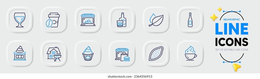 Mint leaves, Takeaway coffee and Food market line icons for web app. Pack of Champagne, Cake, Ice cream pictogram icons. Cocoa nut, Home grill, Whiskey glass signs. Wine glass. Vector