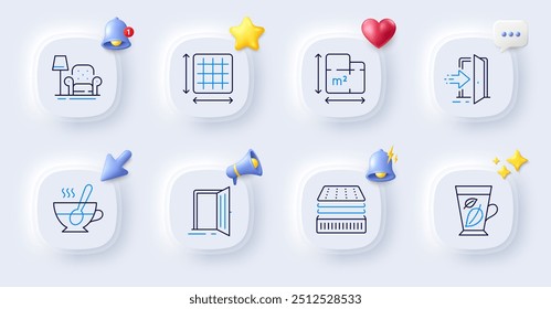 Folhas de hortelã, xícara de chá e ícones de linha de porta aberta. Botões com sino 3d, fala de bate-papo, cursor. Pacote de colchão Deluxe, Planta de chão, ícone de entrada. Poltrona, pictograma de área quadrada. Vetor