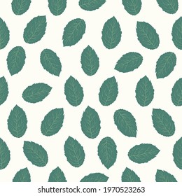Mint Leaves Vector Repeat Pattern On White Background. For Packaging and Branding, Advertisement- Wallpaper, Fabric, Drapery, Kitchen Towels, Table Runners, Stationary 