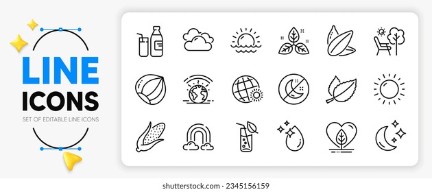 Mint leaves, World weather and Hazelnut line icons set for app include Moon, Deckchair, Rainbow outline thin icon. Sunflower seed, Sunny weather, Water glass pictogram icon. Fair trade. Vector