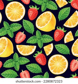 Mint, lemon and strawberry vector seamless pattern