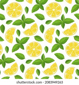 Mint Lemon Tea seamless pattern. Tea leaves, lemon slice, mint leaf. Flat vector illustration on white background for wallpaper, wrapping, packing, textile, scrapbooking. International Tea Day.