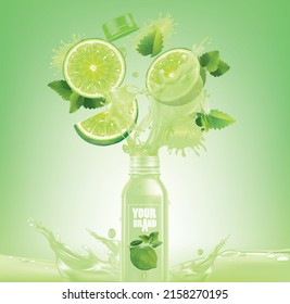 Mint Lemonade Bottle.Lemon juice glass bottle, ripe limes and mint. 