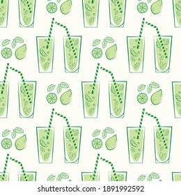 Vector de vidrio de limonada de fábrica fondo de patrón sin fisuras. Fondo retro verde blanco con gafas de bebidas estilo arte de línea, pajillas, cítricos, hojas de la menta. Repetición de bebida geométrica en verano