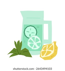Mint Lemonade Jug Illustration. Glass jug filled with mint lemonade and citrus slices. Flat cartoon style in pastel colors, isolated on white background.