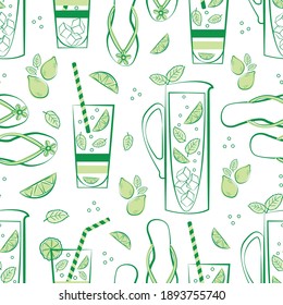 Mint lemonade pitcher, glass, flip flop vector seamless pattern background. Green white backdrop with hand drawn jug, drinks glasses, citrus fruit, minty leaves, sandals. Repeat for summer beach party