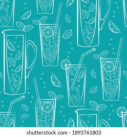 Mint lemonade pitcher and glass vector seamless pattern background. Blue white backdrop with line art style jugs, drinks glasses, straws, lemons, limes, minty leaves. Beverage repeat for summer