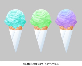 Mint, Lime and Black Currant Ice cream cone with paper wrapped vector isolated on grey background.