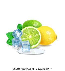 Mint, lime, lemon and ice cubes. Mojito or ice tea realistic illustration. Vector