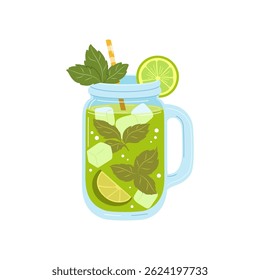 Mint lime lemonade glass with straw. Flat vector isolated illustration
.