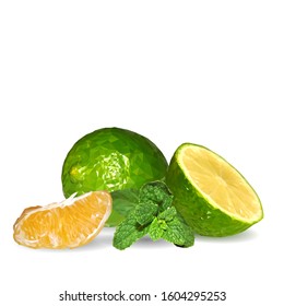 Mint with lime low poly. Fresh, nutritious and tasty mint with lime. Symbols of fruits. Elements for label design. Vector illustration. Fruits ingredients in triangulation technique. Mojito.