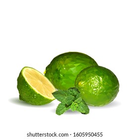 Mint with lime low poly. Fresh, nutritious and tasty mint with lime. Symbols of fruits. Elements for label design. Vector illustration. Fruits ingredients in triangulation technique. Mojito.