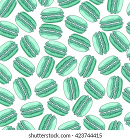 Mint macaroons seamless pattern. French sweet macaroons. Desserts isolated on white background. Hand drawn pattern. Can be used for menu, in food industry, for posters, wallpapers, wrapping paper. 