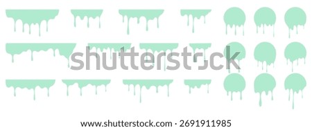 Mint melt drips paint set. Circle liquid drips and dynamic paint splashes