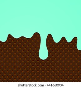 Mint melted cream on chocolate wafer background, vector illustration