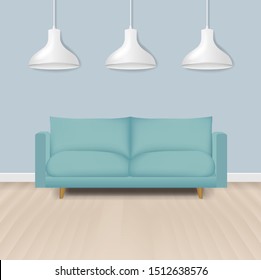 Mint Modern Sofa With Lamp Background With Gradient Mesh, Vector Illustration
