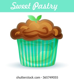 Mint Muffin vector.  Homemade cupcake. Sweet cake with fresh mint. Sweet muffin isolated. Fresh pastry. Cartoon muffin. Isolated cartoon cupcake. Vector illustration EPS 10