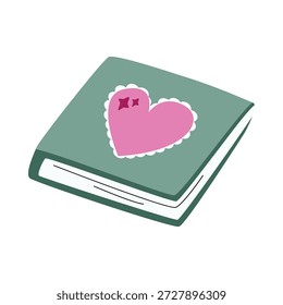 Mint notebook with pink heart-shaped sticky note. Personal diary for daily thoughts, self-reflection, love poems. Vector illustration for Valentine's Day
