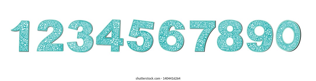 Mint Number set with abstract patterns. Number from 0 to 9 over white background. Cute birthday numbers collection. Number set made of stars.  illustration