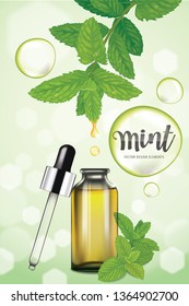 Mint oil dropping from leaf into glass bottle with green bubble on background template. Vector set of element for advertising, banner, packaging design of peppermint products.