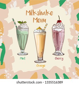 Mint, Orange and Cherry Milkshakes set in glass isolated. Colorful vector illustration in sketch style. Hand drawn collection images for menu and poster design with fresh drink collection.
