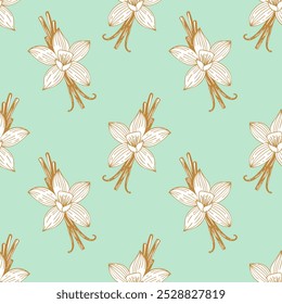 Mint pattern with vanilla spice, gold contour flowers and pods on light green background.