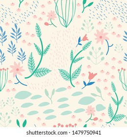 Mint and peach seamless vector pattern with leaves and florals editable and separable
