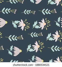 Patrón sin fisuras del vector libre de flor de tinta y rosa. Flores de dibujos animados sobre fondo gris oscuro. Ilustración vectorial de tallos verdes dibujados a mano. Textil, papel tapiz, diseño de papel envolvente