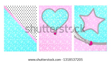 Mint pink color background with cute frame. Backdrop for kids party invitation in LOL doll surprise style. Shiny glitter sparkles. Unzipped curved line, star, heart shaped border. Little zipper lock Stock photo © 