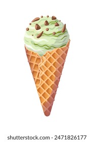 Mint or pistachio green ice cream in a waffle cone with chocolate chips. Summer cold dessert. Delicious crispy soft sweets, realistic food illustration. For menu, cafe, stickers, design elements.