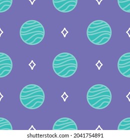 Mint and purple planets repeat pattern print background design. Seamless vector illustration. Great for kids and fun projects. Surface pattern design.