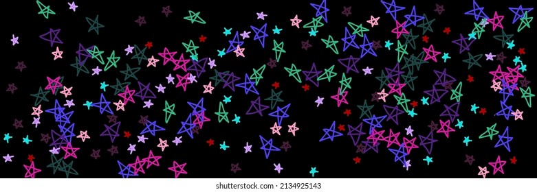 Mint Red Chaotic Green Bordo Childish Night Handdrawn Stars. Pastel Violet Bright Kids Vibrant Stars Dark Multicolor Sky Background. Black Lavender Pink Colorful Purple Naive Vivid Illustration.