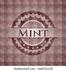 Mint red emblem or badge with abstract geometric pattern background. Seamless.