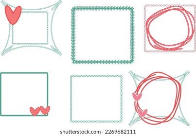 MInt red green pink vector frames in abstract style with hearts for your design with curve lines Border for foto notes Love Couple Simple elements Valentibe day trendy minimalist aesthetic linear Cute