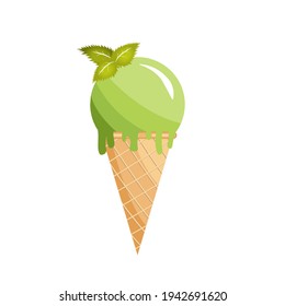 mint refreshing ice cream with mint leaves in a waffle cup. Vector illustration. Colorful ice cream ball in pastel colors. Delicious frozen dessert. Refreshing frozen dessert. 