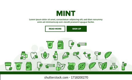 Mint Refreshing Leaf Landing Web Page Header Banner Template Vector. Mint Drink And And Cake, Ice Cream And Bubble Gum, Tea And Cocktail, Candy And Water Illustrations