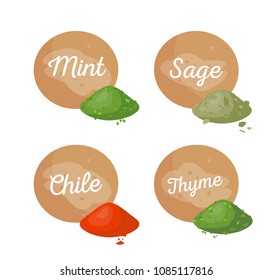 Mint and sage, chile rosemary collection, poster with headlines of spices, spicy dry powder vector illustration flavorings set isolated on white background