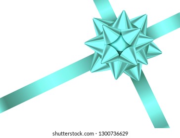 Mint satin gift ribbon and bow isolated on white background. Christmas, New Year, birthday decoration. Vector realistic decor element  for banner, greeting card, poster.