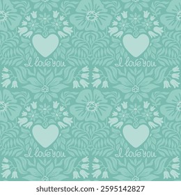 Mint seamless vector pattern with heart and declaration of love for Valentine's Day holiday