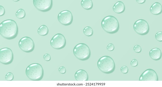 Mint serum drops background, transparent gel droplets, realistic glossy liquid, moisturizing cosmetic product, hyaluronic acid or fresh gel toothpaste concept. Vector illustration.