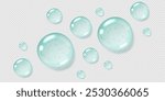 Mint serum drops, transparent gel droplets, realistic glossy liquid, moisturizing cosmetic product, hyaluronic acid or fresh gel toothpaste concept. Vector illustration.