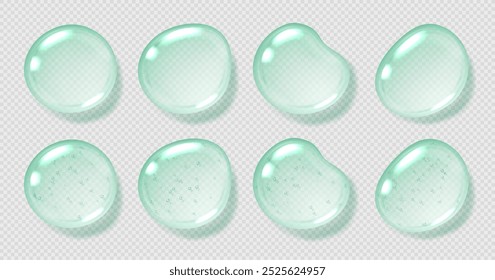 Minze Serumtropfen, transparente Geltröpfchen, realistisch glänzende Flüssigkeit, feuchtigkeitsspendendes Kosmetikprodukt, Hyaluronsäure oder frisches Gelzahnpasta-Konzept. Vektorgrafik.